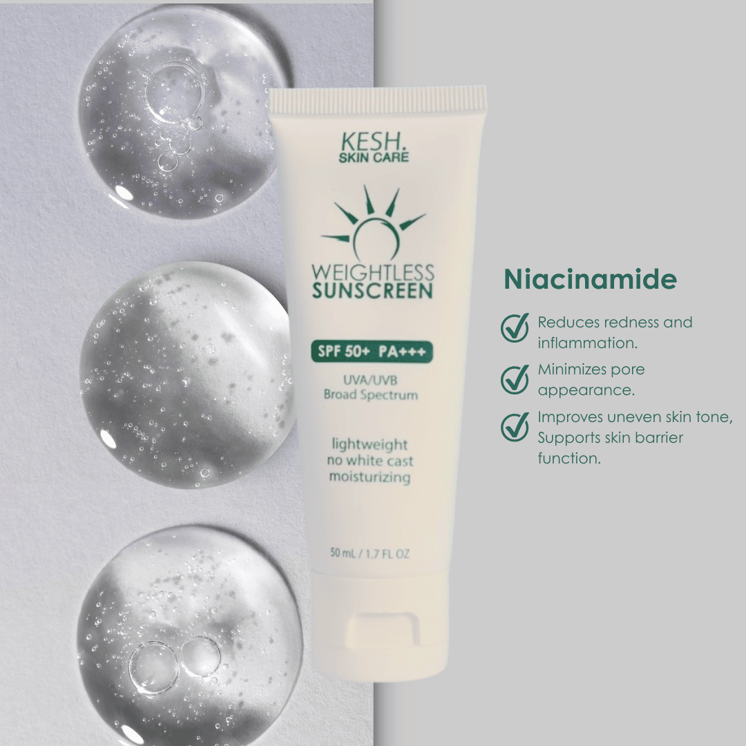 KESH Weightless Sunscreen – SPF50+ PA+++ Broad Spectrum Protection with Niacinamide – Lightweight, No Whitecast, Fragrance-Free – 50ml
