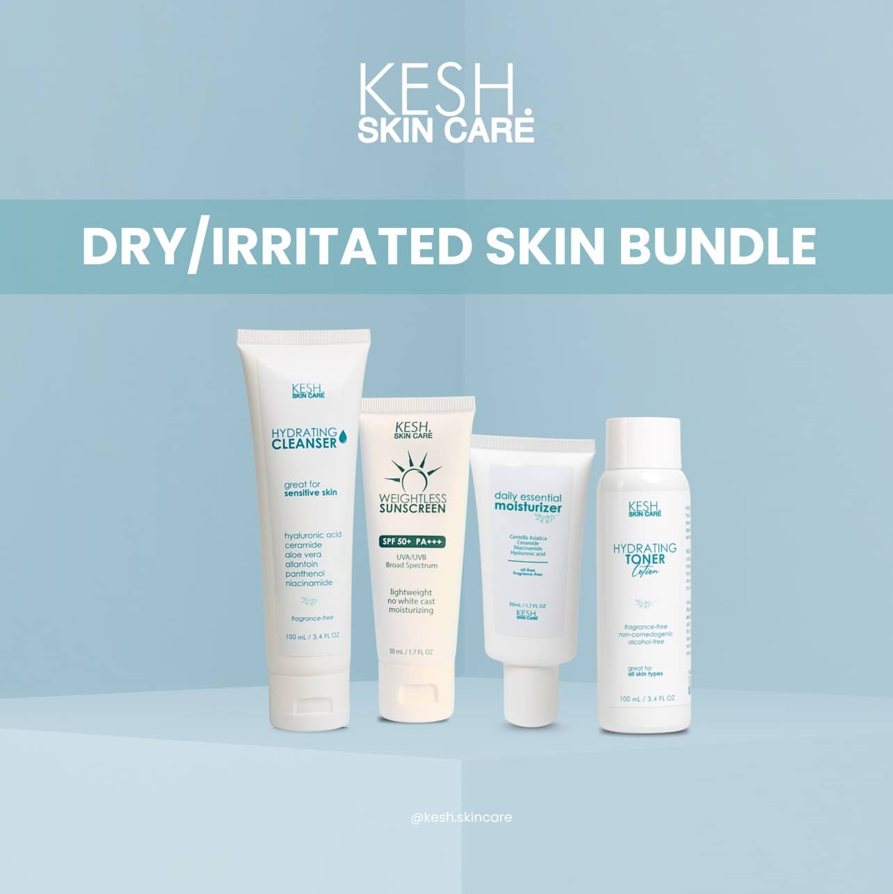 KESH Dry & Irritated Skin Bundle – Hydrating Cleanser, Hydrating Toner, Daily Essential Moisturizer & Weightless Sunscreen | Complete Gentle Skincare Set for Sensitive and Dry Skin