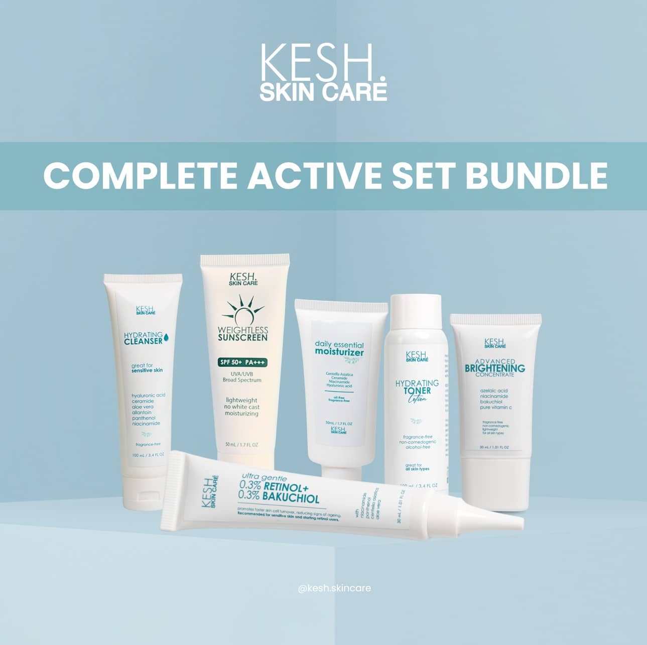 KESH Complete Active Set Bundle – Full Skincare Routine for Hydration, Brightening & Anti-Aging