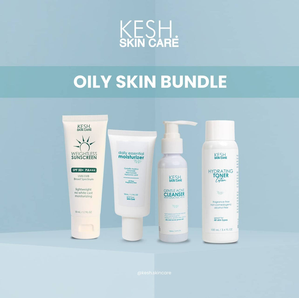 KESH Oily Skin Bundle – Gentle Acne Cleanser, Hydrating Toner, Daily Essential Moisturizer & Weightless Sunscreen | Complete Skincare Set for Oily and Acne-Prone Skin